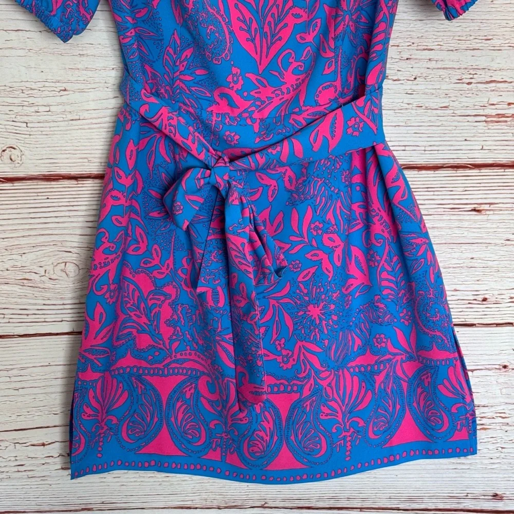 Lilly Pulitzer Jada Off The Shoulder Romper in Aura Pink Leaf An Impression Sz 2 - Picture 7 of 16